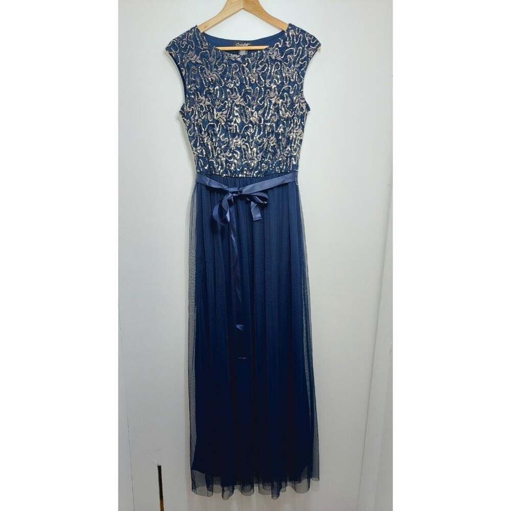 Candalite Women's Size Small Dress Blue with Gold Accents Maxi Length Sleeveless - Picture 2 of 12